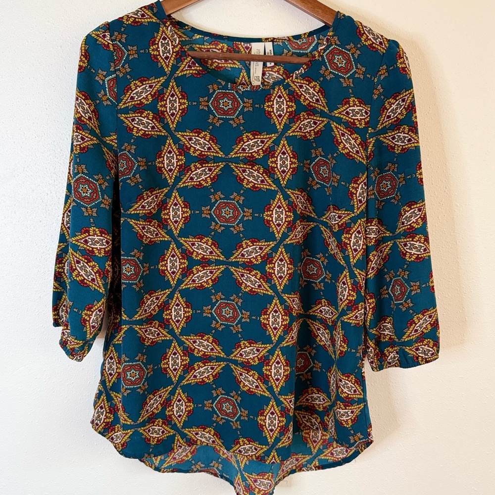 Pink Owl Teal Boho Print Blouse Retro Medallion 3/4 Sleeve Top M